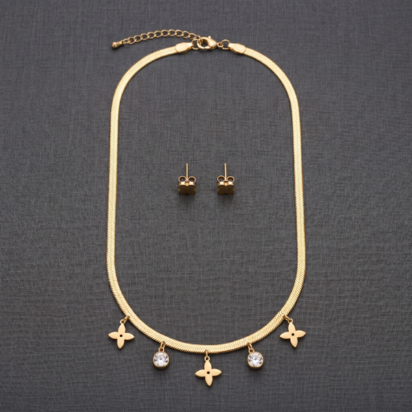 Gold Plated Clover Charm Necklace and Earrings Set for Women - Stainless Steel Dainty Herringbone Snake Chain with Crystal Floral Charms - Tarnish Resistant Fashion Jewellery Gift for Her