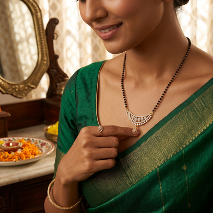 Gold Plated American Diamond Mangalsutra for Women | Elegant Curved CZ Pendant with Single Line Black Bead Chain | Traditional Indian Wedding Jewellery