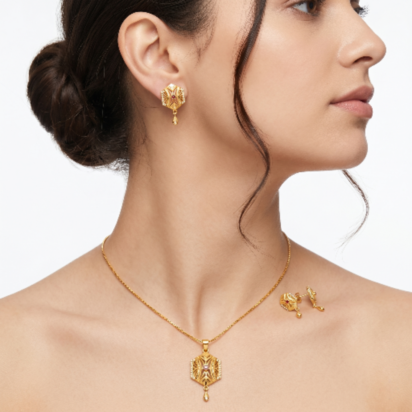 Elegant Gold-Toned Hexagon Locket Necklace Set with Matching Earrings – Designer Ruby-Studded Ethnic Jewellery for Girls and Women – Perfect Anniversary or Birthday Gift for Her