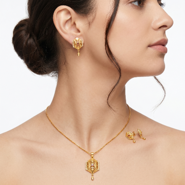 Elegant Gold-Toned Hexagon Locket Necklace Set with Matching Earrings – Designer Ruby-Studded Ethnic Jewellery for Girls and Women – Perfect Anniversary or Birthday Gift for Her