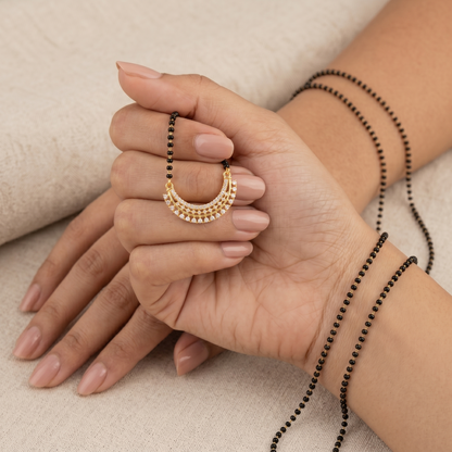Traditional Gold Plated Mangalsutra Necklace for Women with American Diamond Adorned Crescent Moon Pendant | Black Beaded Chain | Wati Design Traditional Indian Jewellery for Wedding & Festive Wear | Gift for Wife/Mother