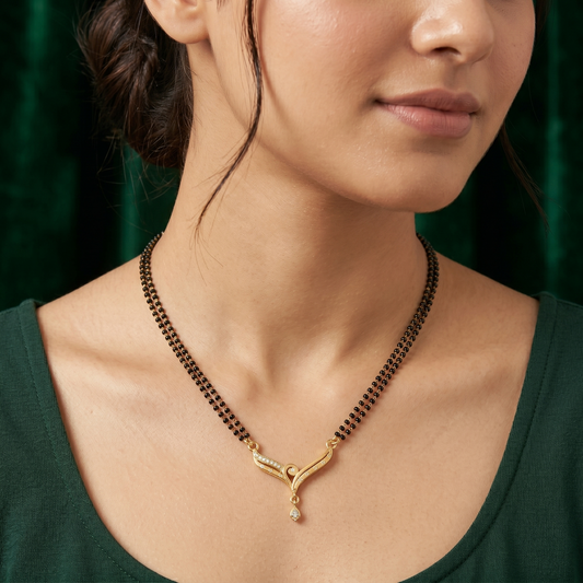 Gold Plated Double Layer Mangalsutra for Women with CZ Accents | Two Line Black Bead Chain Necklace for Daily Wear or Wedding Gift | Traditionally Designed Pendant