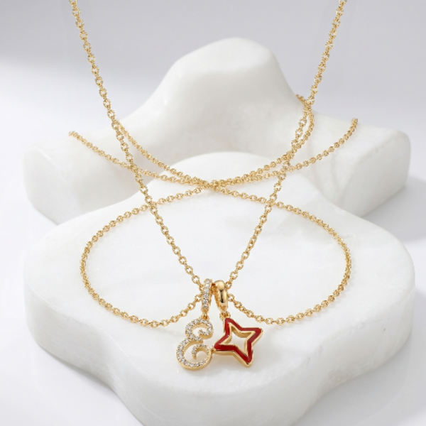Gold Plated Initial E & Red Star Charm Necklace for Women – Anti-Tarnish Snake Chain Alphabet Pendant – Minimalist Waterproof Jewellery Gift for Girls