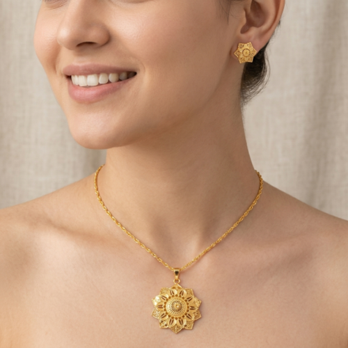 Elegant Gold-Plated Floral Pendant Necklace with Star-Shaped Stud Earrings - Traditional Jewellery Set for Women and Girls - Ethnic Sun Filigree Design for Weddings and Festivals