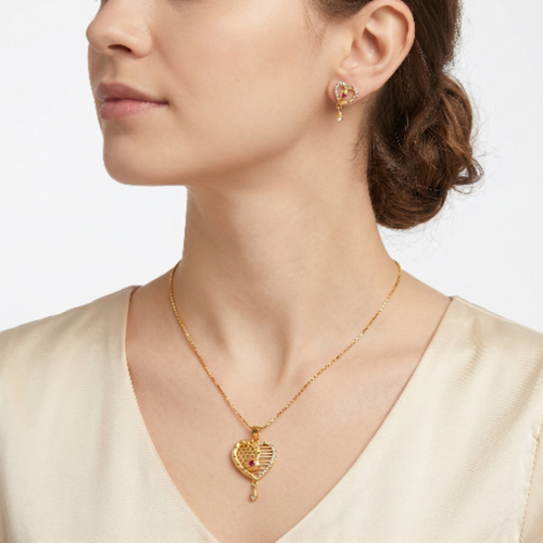 Gold Plated Heart Pendant Necklace with Earrings Set for Women - Ruby Red Stone Studded Traditional Jewellery Set - Adjustable Chain & Heart Drop Earrings for Weddings & Gifting