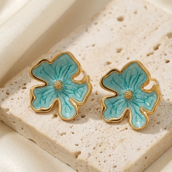 Green Gold Plated Floral Enamel Stud Earrings For Women