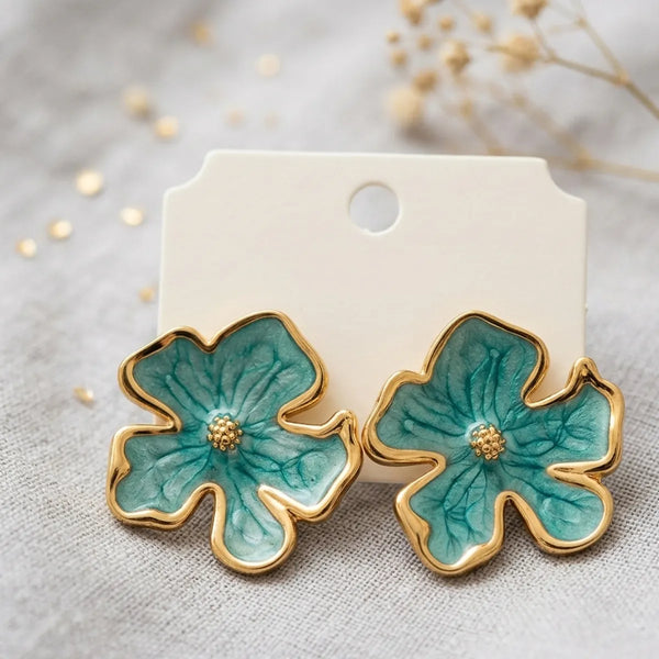 Green Gold Plated Floral Enamel Stud Earrings For Women