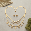 Gold Plated Clover Charm Necklace and Earrings Set for Women - Stainless Steel Dainty Herringbone Snake Chain with Crystal Floral Charms - Tarnish Resistant Fashion Jewellery Gift for Her