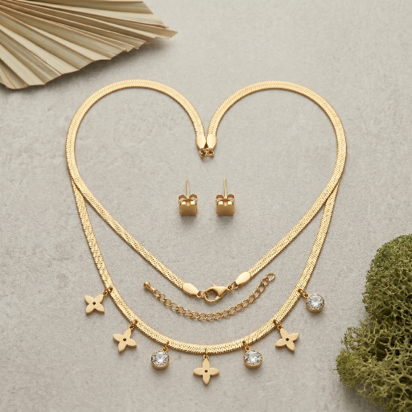 Gold Plated Clover Charm Necklace and Earrings Set for Women - Stainless Steel Dainty Herringbone Snake Chain with Crystal Floral Charms - Tarnish Resistant Fashion Jewellery Gift for Her