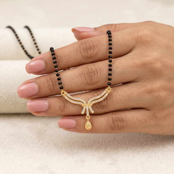 Modern Mangalsutra for Women - Gold Plated Diamond Pendant Black Bead Single Chain | Elegant Daily Wear and Festival Short Mangalsutra Necklace