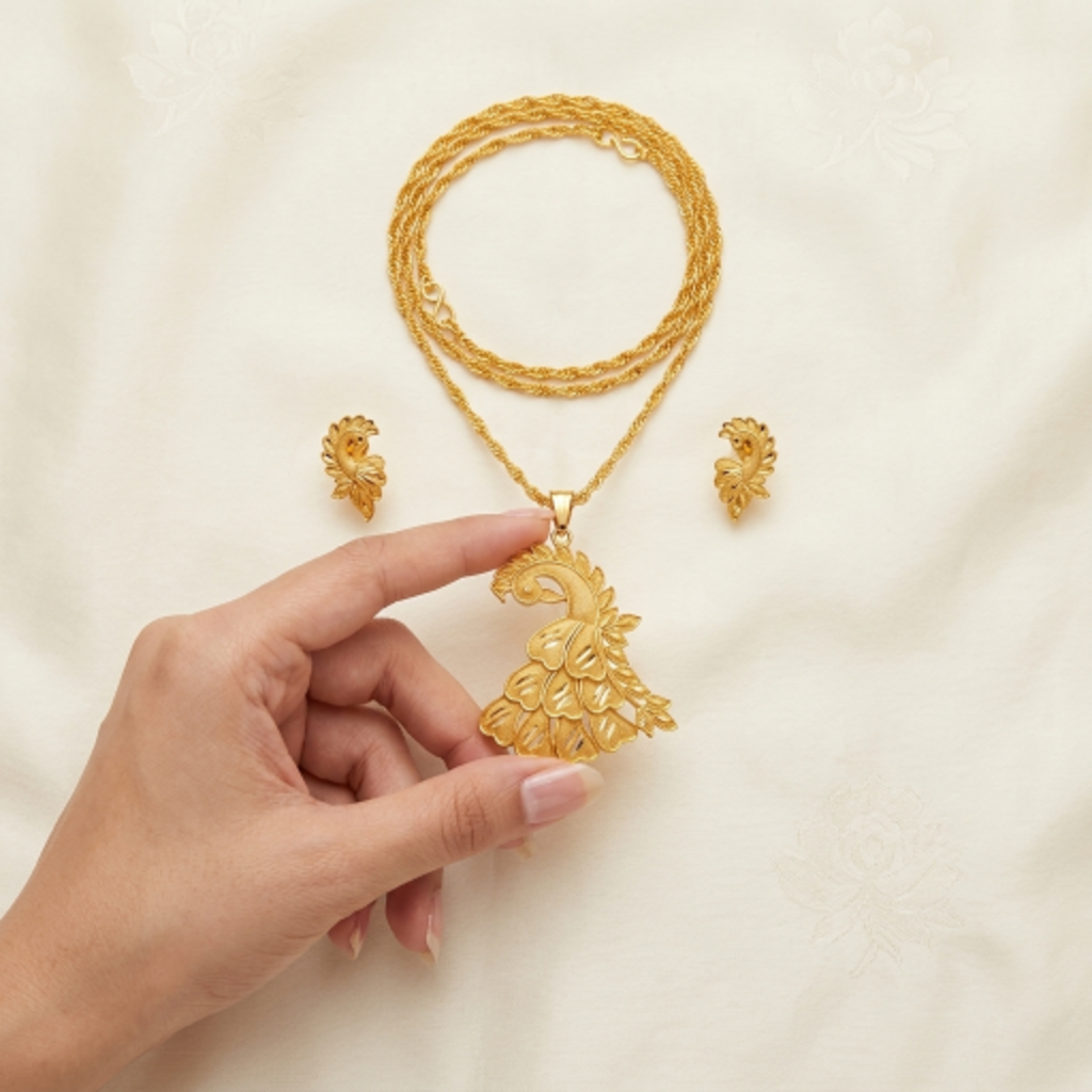 Exquisite Gold-Plated Peacock Pendant Necklace and Earrings Set for Women - Traditional Ethnic Indian Jewellery for Weddings, Festivals, and Special Occasions