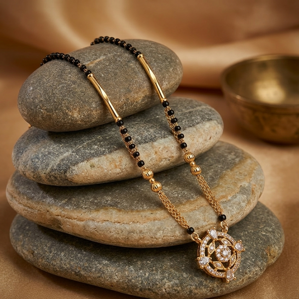 Gold Plated CZ Stone Traditional Mangalsutra for Women | Stylish New Design Black Bead Tanmaniya Necklace | Ethnic Jewellery for Daily Wear