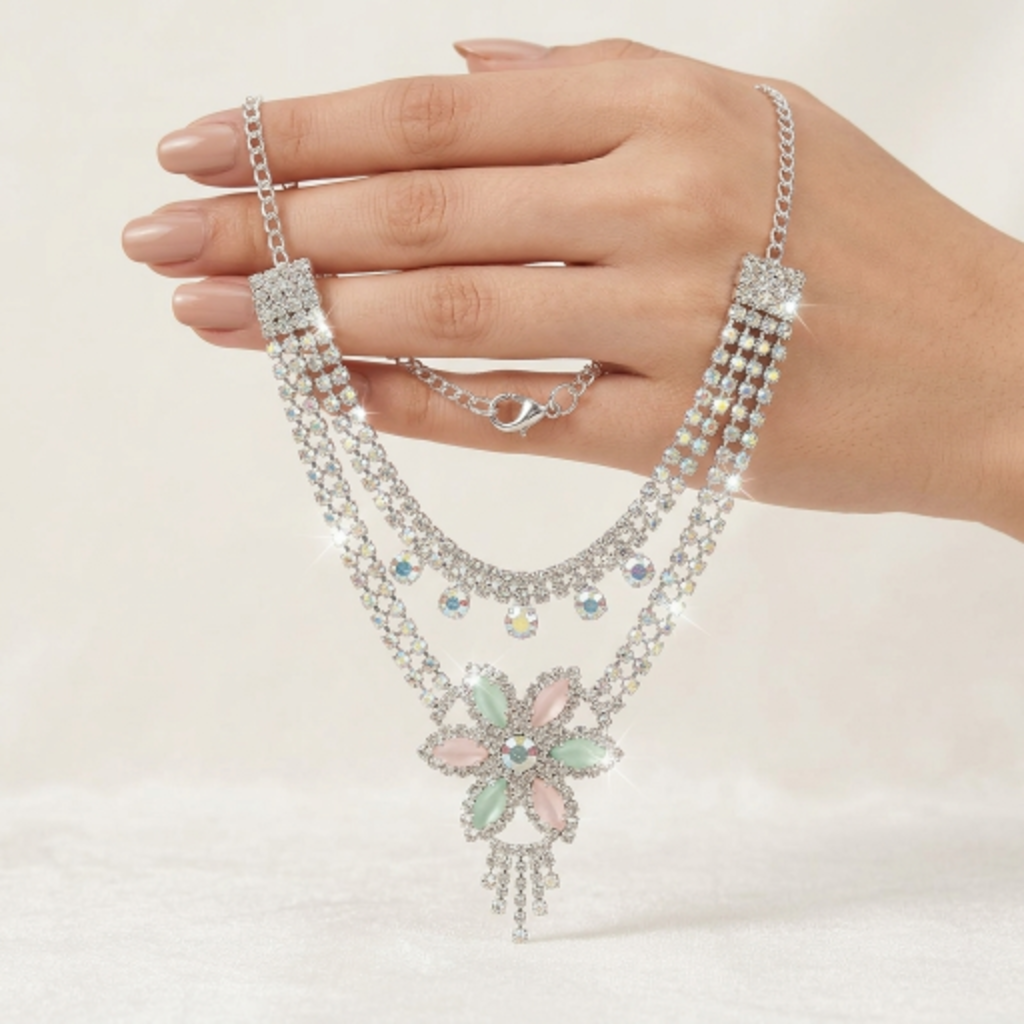 Elegant Floral Crystal Choker Necklace and Earring Set for Women | Silver-Plated Rhinestone Jewellery with Pink and Green Stones | Wedding, Party, and Bridal Wear Accessories