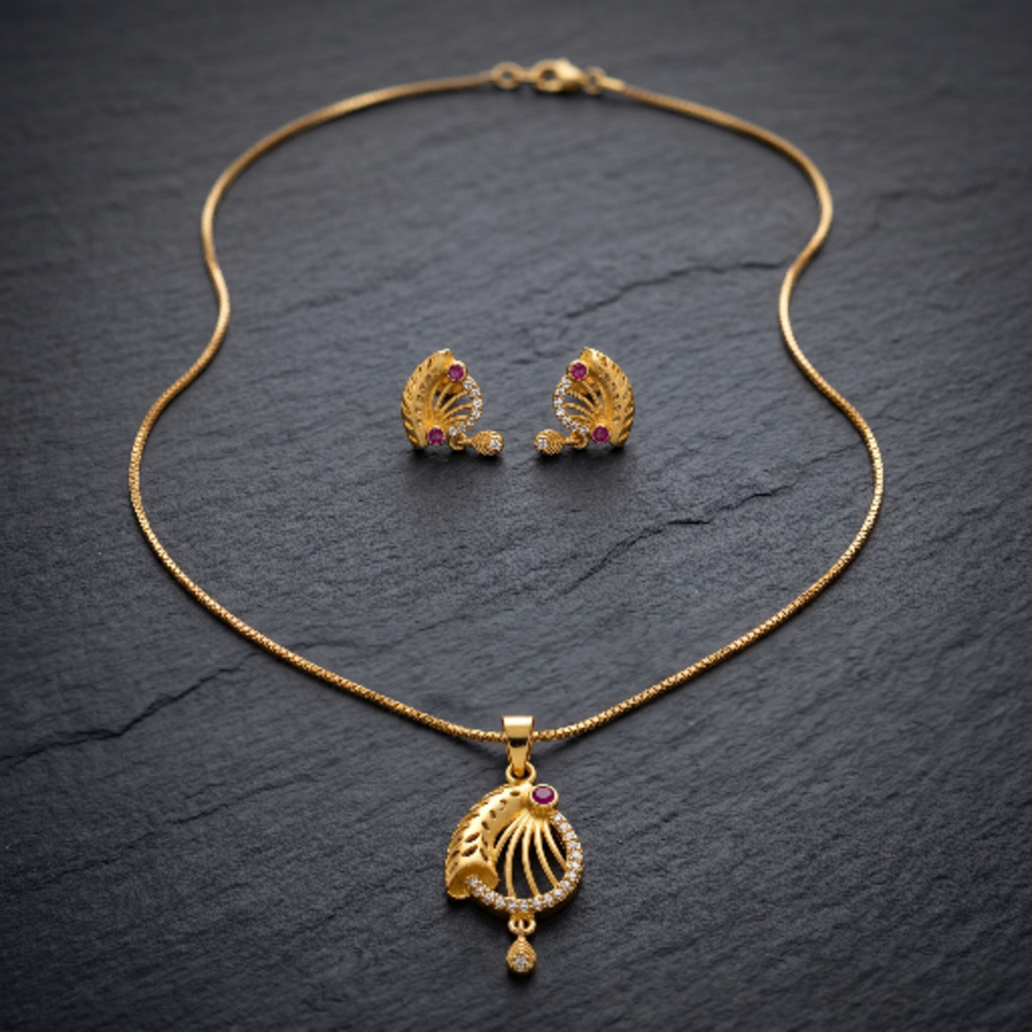 Gold Plated Necklace and Earrings Set for Women - Ethnic Pendant with Red Ruby Stone and Cubic Zirconia Accents - Traditional Jewellery Set for Weddings, Parties, and Festive Occasions