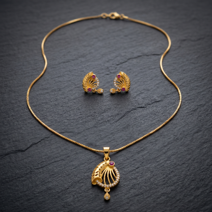 Gold Plated Necklace and Earrings Set for Women - Ethnic Pendant with Red Ruby Stone and Cubic Zirconia Accents - Traditional Jewellery Set for Weddings, Parties, and Festive Occasions