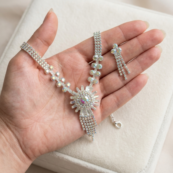 Women’s Aurora Borealis Crystal Bridal Jewellery Set - Silver-Tone Rhinestone Fringe Statement Necklace and Dangle Drop Earrings for Weddings, Prom, and Formal Galas