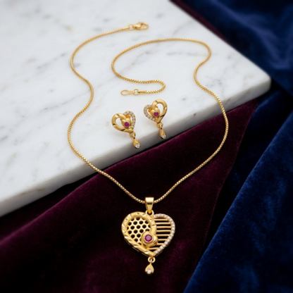 Gold Plated Heart Pendant Necklace with Earrings Set for Women - Ruby Red Stone Studded Traditional Jewellery Set - Adjustable Chain & Heart Drop Earrings for Weddings & Gifting