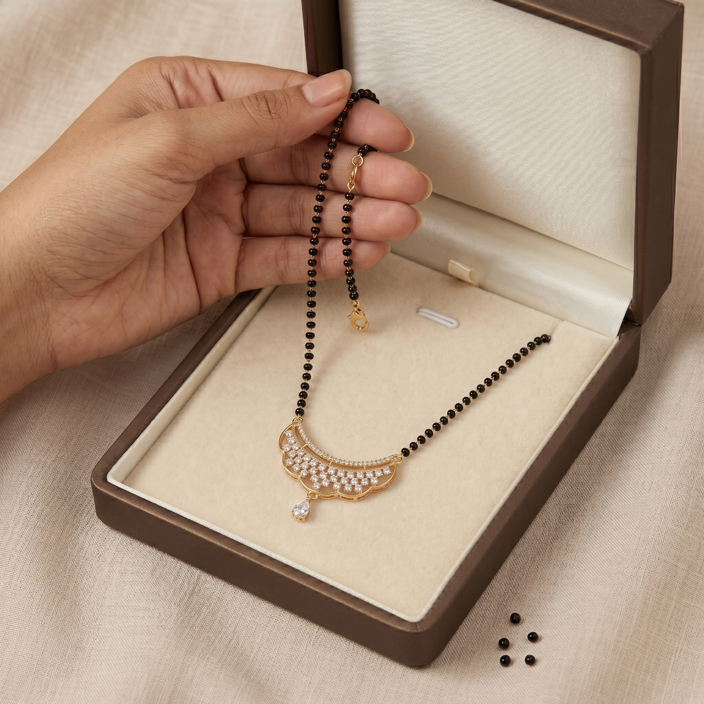 Traditional Gold Plated CZ Diamond Crescent Pendant Mangalsutra for Women | Single Line Black Beads Tanmaniya Necklace for Daily and Festive Wear