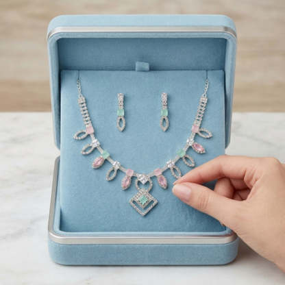 Elegant Rhodium-Plated Kundan Necklace Set with Mint Green & Blush Pink Stones – Floral Choker Jewellery with Matching Drop Earrings for Women and Girls – Perfect for Weddings, Parties, and Festive Wear