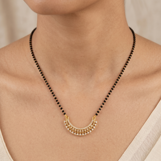 Traditional Gold Plated Mangalsutra Necklace for Women with American Diamond Adorned Crescent Moon Pendant | Black Beaded Chain | Wati Design Traditional Indian Jewellery for Wedding & Festive Wear | Gift for Wife/Mother