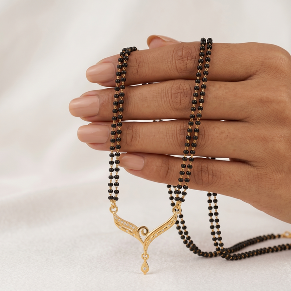 Gold Plated Double Layer Mangalsutra for Women with CZ Accents | Two Line Black Bead Chain Necklace for Daily Wear or Wedding Gift | Traditionally Designed Pendant