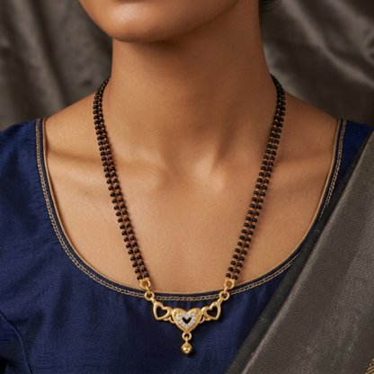 Gold Plated Double String Black Seed Bead Mangalsutra for Women | Traditional Ethnic Heart Pendant Necklace with American Diamond Accents | Daily Wear Tanmaniya for Marriage