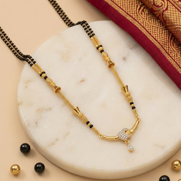Elite Gold-Plated Double Layer Mangalsutra with American Diamond Crescent Pendant for Women | Traditional Daily Wear Tanmaniya