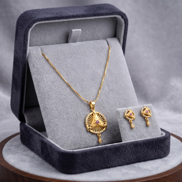 Gold-Plated Jewellery Set for Women – Elegant Geometric Sunburst Pendant Necklace and Matching Stud Earrings with Ruby Pink Stones and Clear Crystal Accents