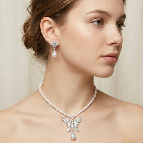 Butterfly Jewellery Set for Women, Crystal Rhinestone Butterfly Necklace and Dangle Pearl Earrings, Silver Tone Bridal Jewellery Set, Fashion Accessories for Prom, Anniversary, or Birthday Gift