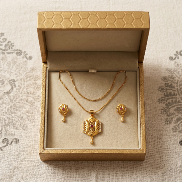 Elegant Gold-Toned Hexagon Locket Necklace Set with Matching Earrings – Designer Ruby-Studded Ethnic Jewellery for Girls and Women – Perfect Anniversary or Birthday Gift for Her