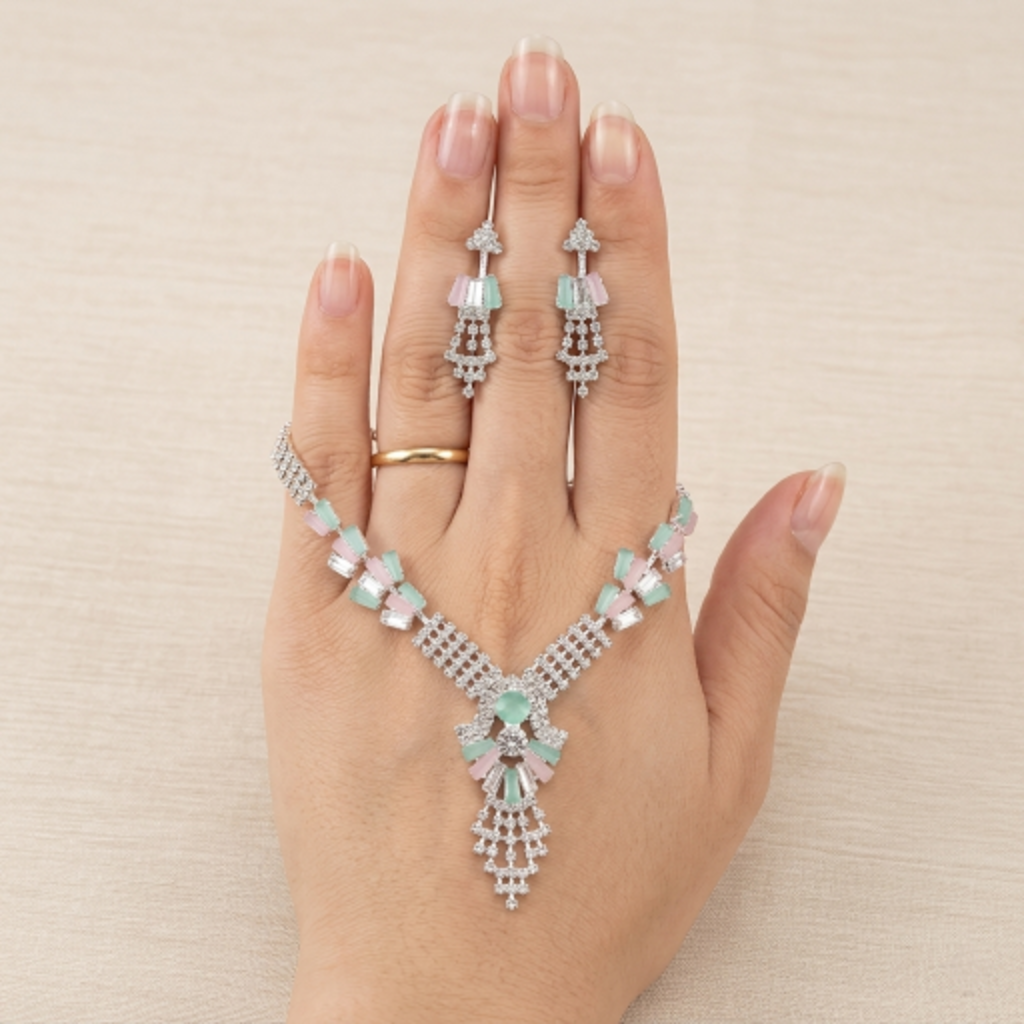 Elegant Silver-Plated Choker Necklace and Earrings Set with Mint Green & Blush Pink Baguette Crystals – Fancy Bridal & Party Wear Jewellery for Women and Girls