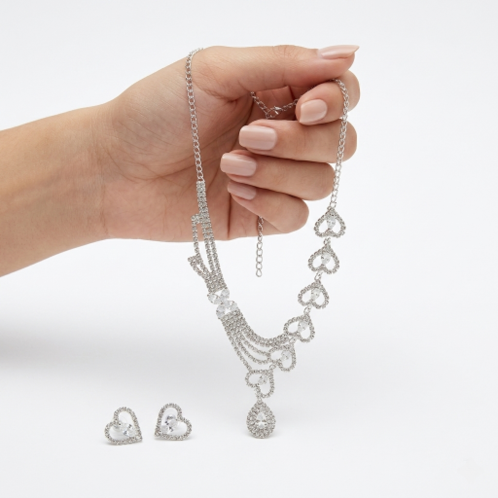 Elegant Heart Crystal Necklace and Earrings Set - Silver-Tone Rhinestone Bridal Jewellery for Weddings, Prom, and Special Occasions - Adjustable Choker with Dangle Earrings