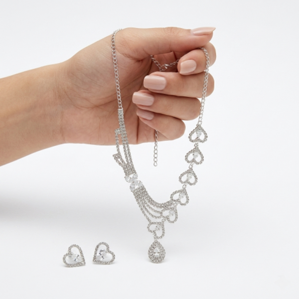 Elegant Heart Crystal Necklace and Earrings Set - Silver-Tone Rhinestone Bridal Jewellery for Weddings, Prom, and Special Occasions - Adjustable Choker with Dangle Earrings