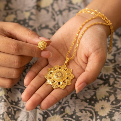 Elegant Gold-Plated Floral Pendant Necklace with Star-Shaped Stud Earrings - Traditional Jewellery Set for Women and Girls - Ethnic Sun Filigree Design for Weddings and Festivals