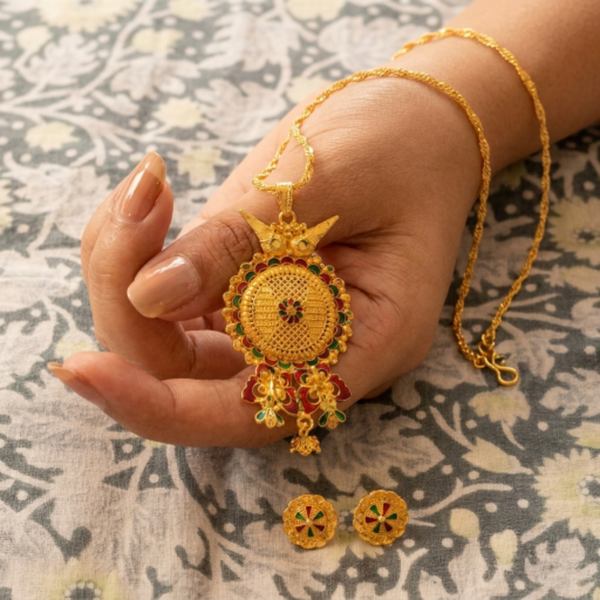 Traditional Gold-Plated Meenakari Pendant Necklace Set with Matching Stud Earrings for Women | Ethnic Floral Design Jewellery for Weddings and Festivals