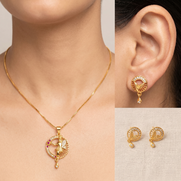 Ethnic Gold Plated Lord Krishna Pendant Necklace and Stud Earrings Set for Women – Traditional Religious Jewellery with Ruby Red Accents and White Stones – Perfect Gift for Anniversaries and Festivals