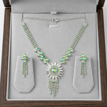 Women’s Aurora Borealis Crystal Bridal Jewellery Set - Silver-Tone Rhinestone Fringe Statement Necklace and Dangle Drop Earrings for Weddings, Prom, and Formal Galas