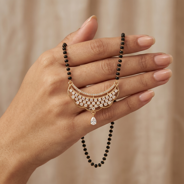 Traditional Gold Plated CZ Diamond Crescent Pendant Mangalsutra for Women | Single Line Black Beads Tanmaniya Necklace for Daily and Festive Wear