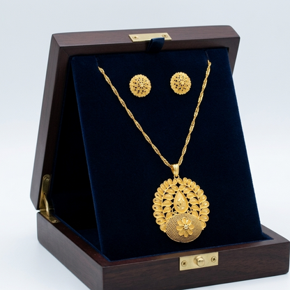 Gold-Plated Traditional Floral Filigree Pendant Necklace with Matching Stud Earrings for Women and Girls - Ethnic Jewellery Set for Wedding, Festivals, and Gifting