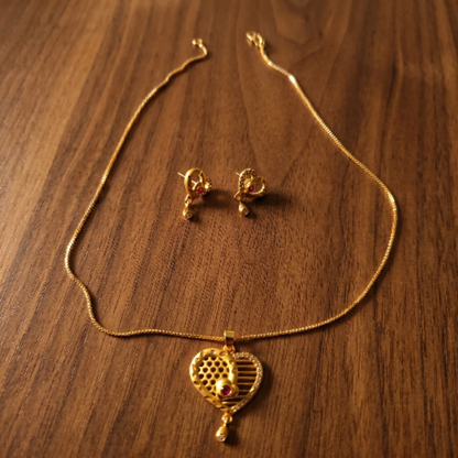 Gold Plated Heart Pendant Necklace with Earrings Set for Women - Ruby Red Stone Studded Traditional Jewellery Set - Adjustable Chain & Heart Drop Earrings for Weddings & Gifting