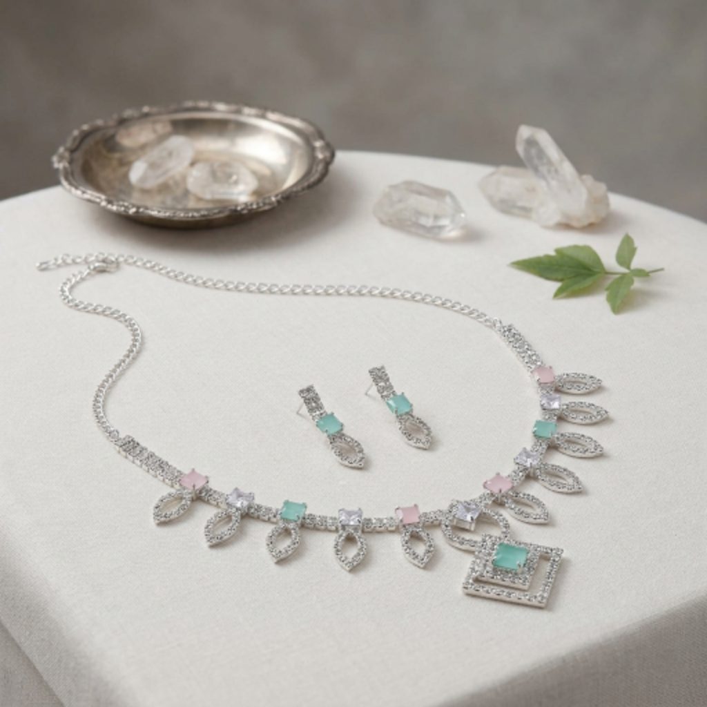Elegant Rhodium-Plated Kundan Necklace Set with Mint Green & Blush Pink Stones – Floral Choker Jewellery with Matching Drop Earrings for Women and Girls – Perfect for Weddings, Parties, and Festive Wear