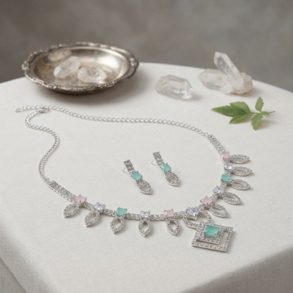 Elegant Rhodium-Plated Kundan Necklace Set with Mint Green & Blush Pink Stones – Floral Choker Jewellery with Matching Drop Earrings for Women and Girls – Perfect for Weddings, Parties, and Festive Wear