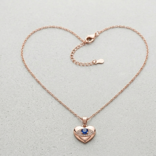 Rose Gold Plated Heart Locket Necklace for Women, Evil Eye Pendant with Sparkling Zircon Stones, Elegant Fashion Jewellery Gift for Girls