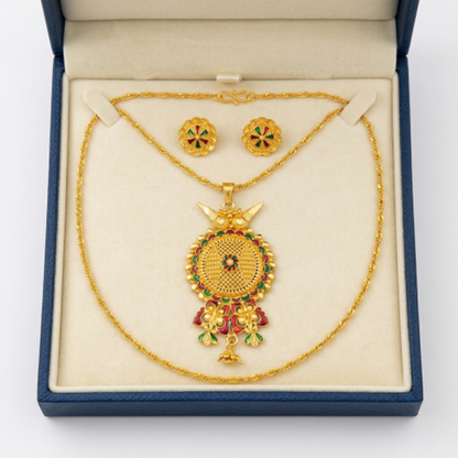 Traditional Gold-Plated Meenakari Pendant Necklace Set with Matching Stud Earrings for Women | Ethnic Floral Design Jewellery for Weddings and Festivals