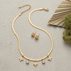 Gold Plated Clover Charm Necklace and Earrings Set for Women - Stainless Steel Dainty Herringbone Snake Chain with Crystal Floral Charms - Tarnish Resistant Fashion Jewellery Gift for Her