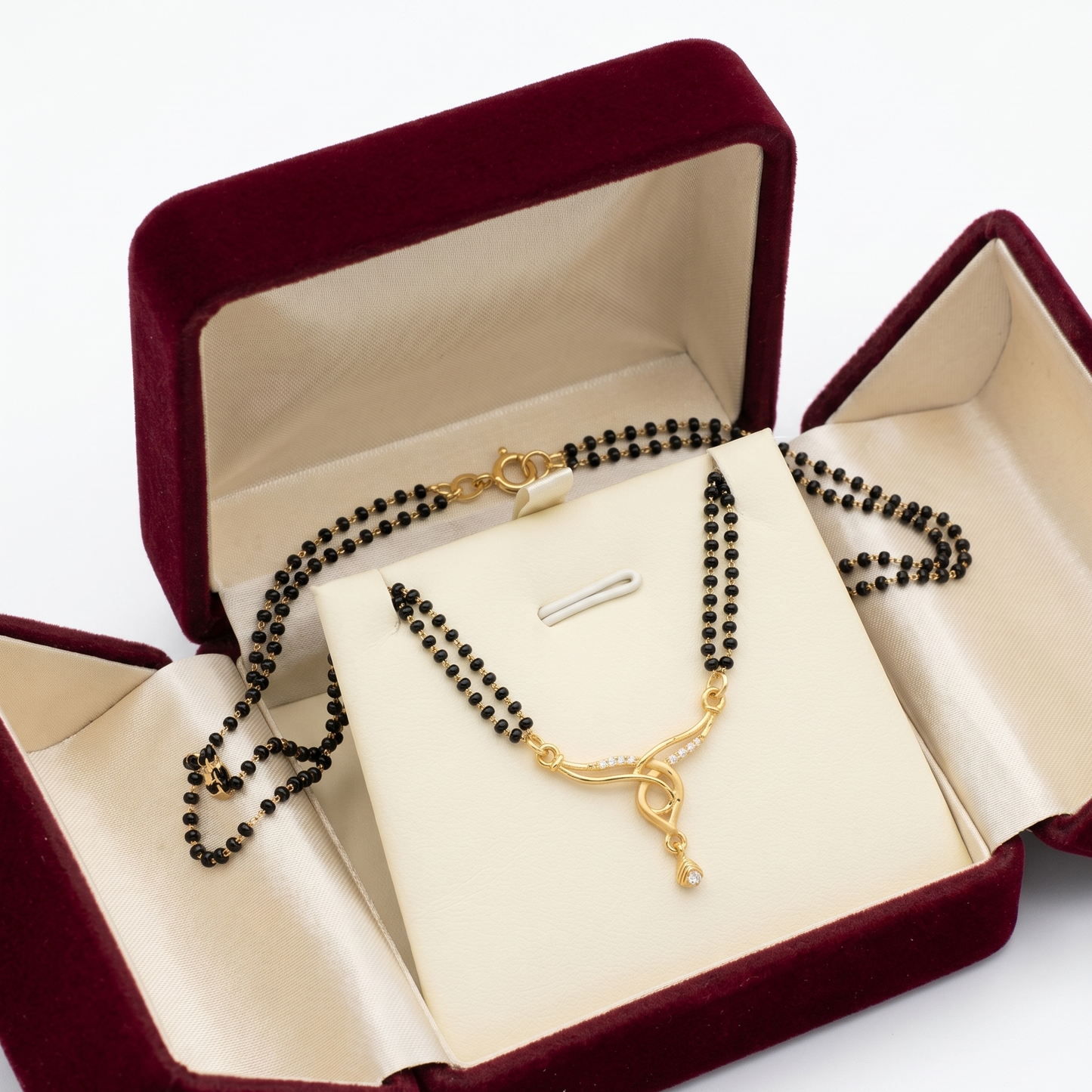 Gold Plated Double Line Mangalsutra Necklace for Women, Traditional Black Beaded Chain with CZ Diamond Pendant Indian Bridal Jewellery