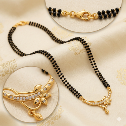 Modern Double String Gold Plated Mangalsutra for Women | Traditional Black Beaded Tanmaniya Necklace with Cubic Zirconia Floral Pendant | Ethnic Daily Wear Jewellery Gift
