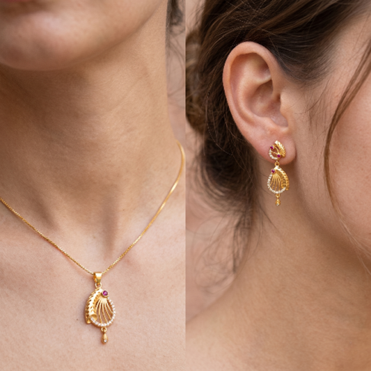 Gold Plated Necklace and Earrings Set for Women - Ethnic Pendant with Red Ruby Stone and Cubic Zirconia Accents - Traditional Jewellery Set for Weddings, Parties, and Festive Occasions
