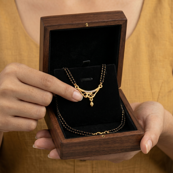 Traditional Gold Plated Double Layer Mangalsutra for Women | Cz Diamond Studded Pendant Short Tanmaniya Mangalsutra Necklace | Black Beads Daily Wear Jewellery for Women