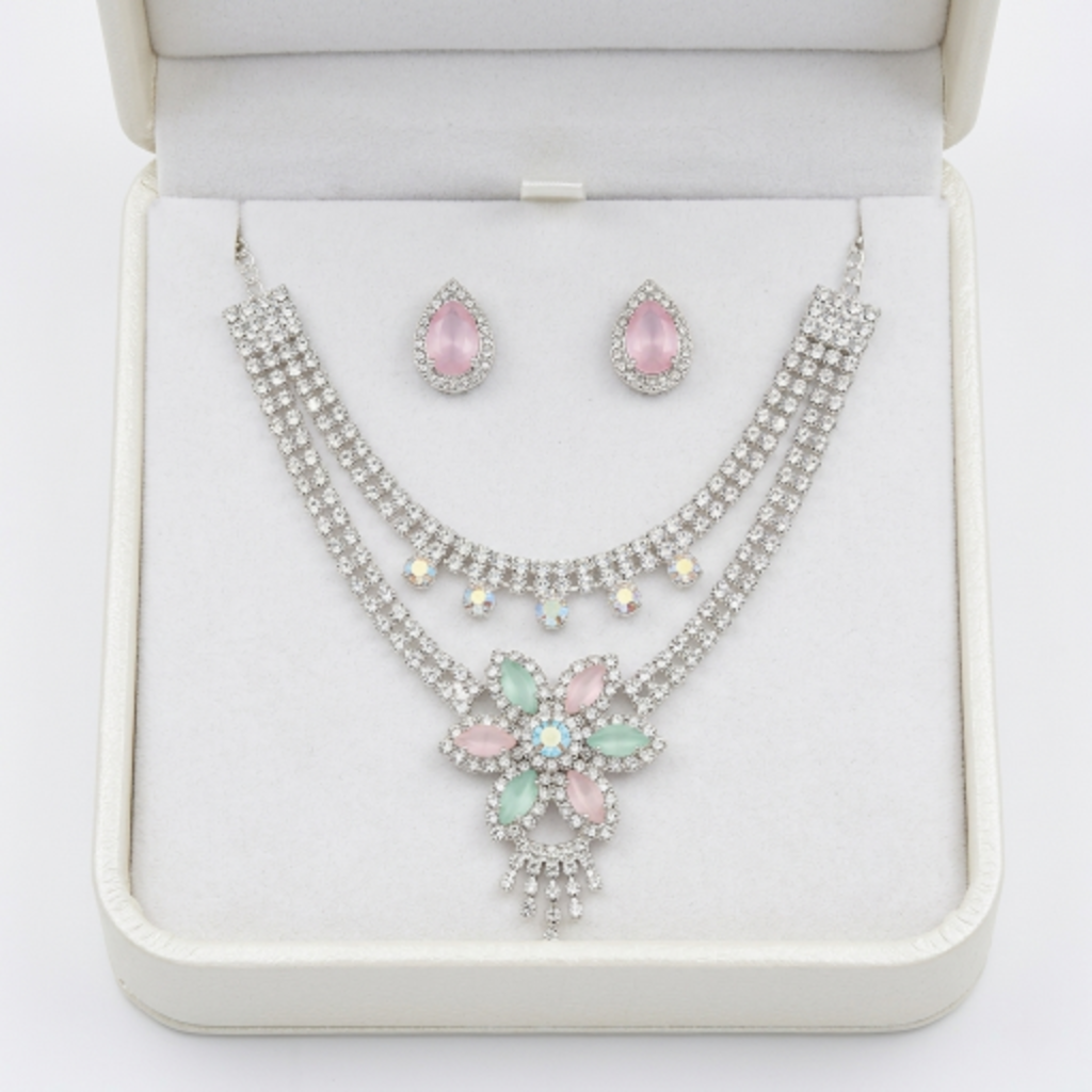 Elegant Floral Crystal Choker Necklace and Earring Set for Women | Silver-Plated Rhinestone Jewellery with Pink and Green Stones | Wedding, Party, and Bridal Wear Accessories